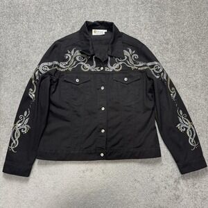 Vtg 90's Black Denim Medium Jacket Studded Rhinestone Cowgirl Bling Trucker